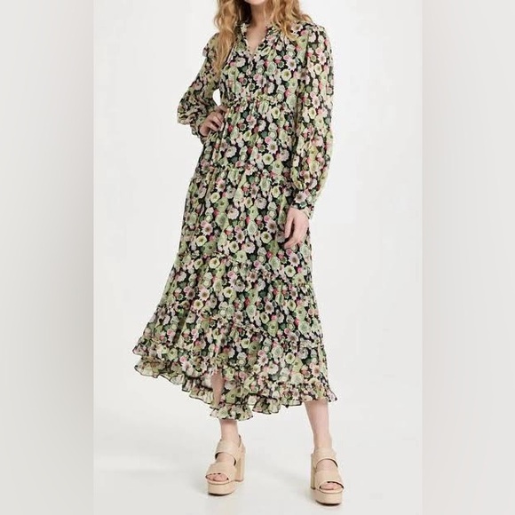 Cinq a Sept Dresses & Skirts - Cinq a Sept Womens Lucille Green Puff Sleeve Floral Below Knee Midi Dress NWT 2